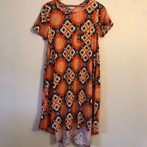 LULAROE Carly Dress Orange Blue Tribal Aztec M